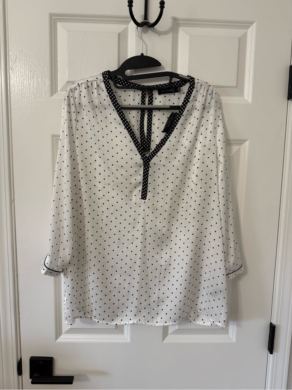 The Limited Polka Dot V-Neck Blouse - White with Black Trim